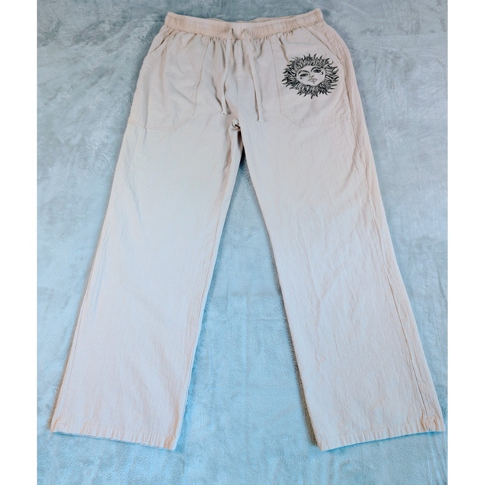 Women's Loose Fit Cotton Pants Size L Beige Coastal Beach‎ Vacation Lightweight